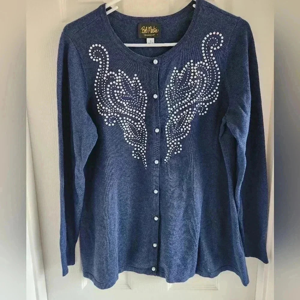 Bob Mackie Navy Blue Holiday Cardigan Sweater Pearl Embellished Size Small